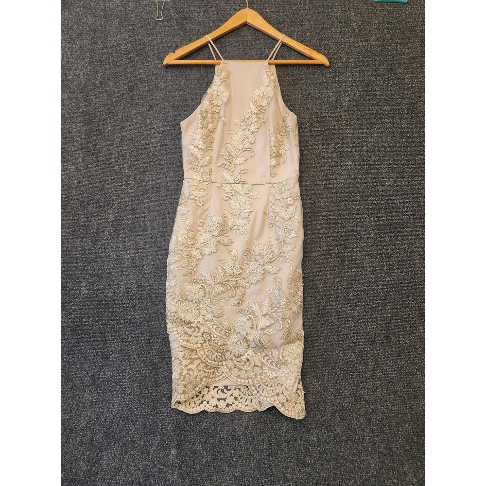Mystic Dress Womens Small Gold Lace Embroidered Halter Sheath Cocktail Party‎